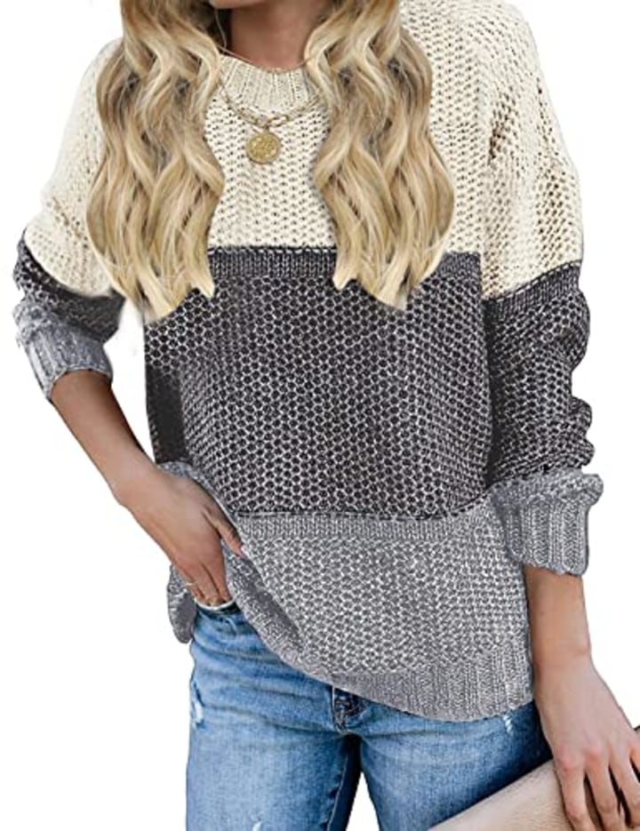 MEROKEETY Women&#039;s Crew Neck Long Sleeve Color Block Knit Sweater Casual Pullover Jumper Tops