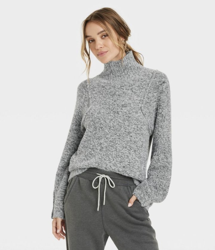 Mock Turtleneck Seam Front Pullover Sweater
