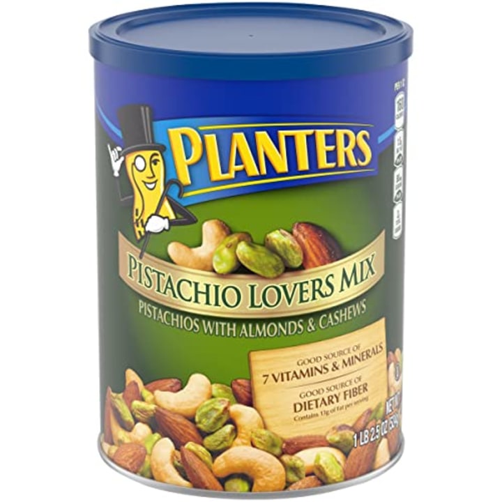 PLANTERS Pistachio Lover&#039;s Mix, 1.25 lb. Resealable Canister - Deluxe Pistachio Mix: Pistachios, Almonds &amp; Cashews Roasted in Peanut Oil with Sea Salt - Kosher, Savory Snack