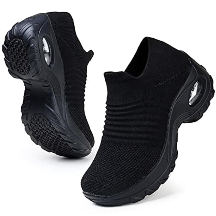 HKR Womens Walking Tennis Shoes Slip On Light Weight Mesh Platform Nursing Shoes Air Cushion Sneakers All Black US 7(1839 EU 38)