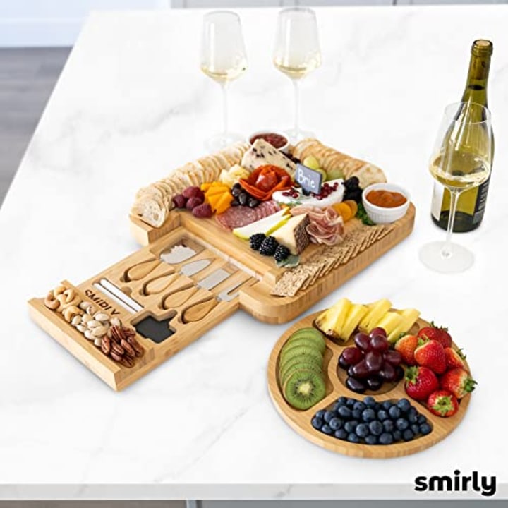 SMIRLY Bamboo Cheese Board and Knife Set: Large Charcuterie Boards Set &amp; Cheese Platter - Unique House Warming Gifts, New Home, Anniversary &amp; Wedding Gifts for Couple, Bridal Shower Gift for Women