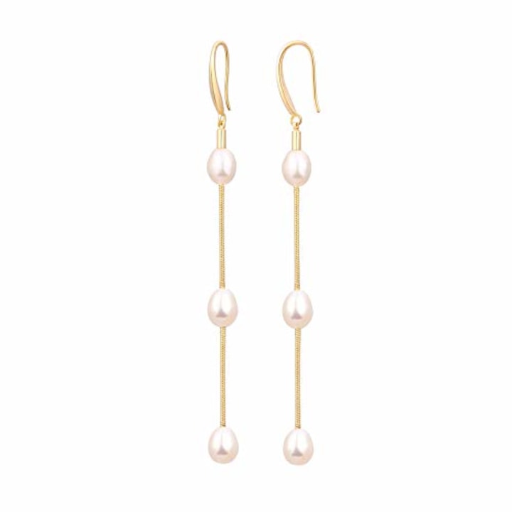 Baroque Pearl 18K Gold Hoop Drop Dangle Earrings for Women Long Snake Chain Dainty Bridal Earrings for Wedding