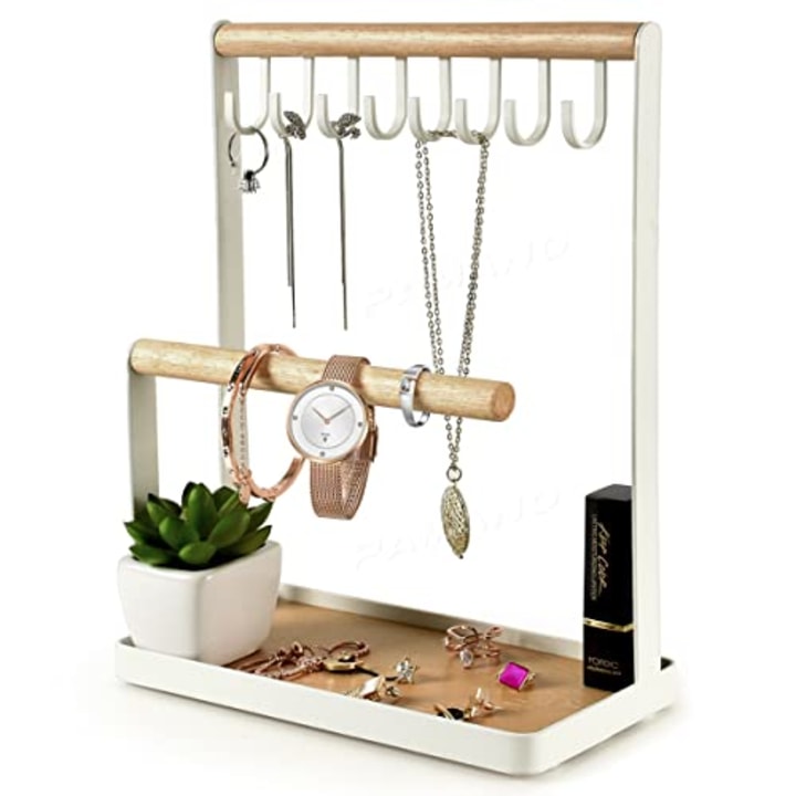 Jewelry Stand Holder, 3-Tier Necklace Hanging Wooden Ring Organizer Earring Tray, 8 Hooks Storage Necklaces, Bracelets, Rings &amp; Watches Display On Desk Tabletop - White