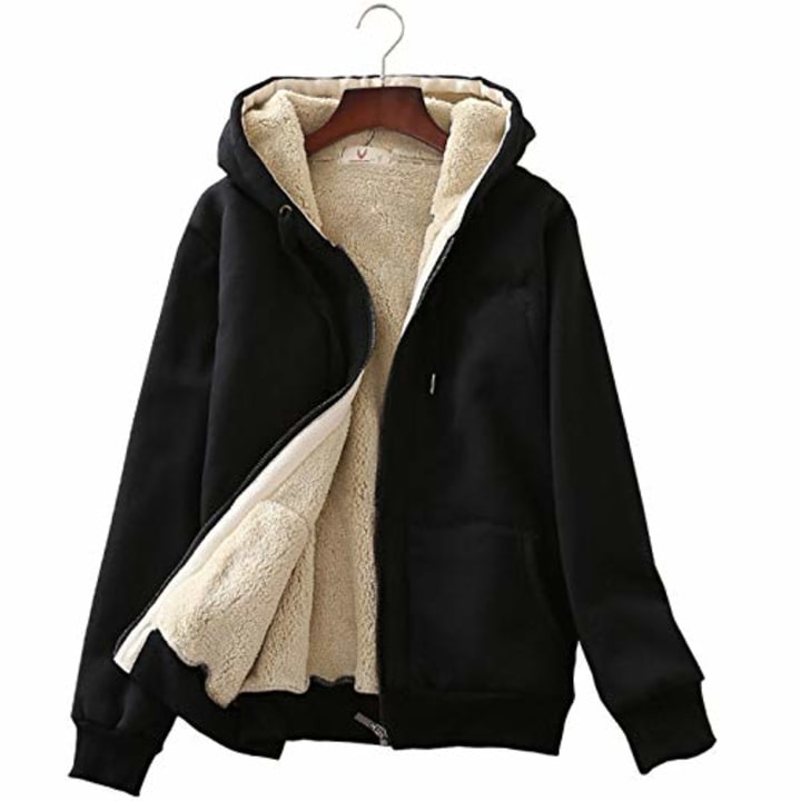 Flygo Womens Casual Winter Warm Sherpa Fleece Lined Full-Zip Hooded Jacket Coat (Large, Black)