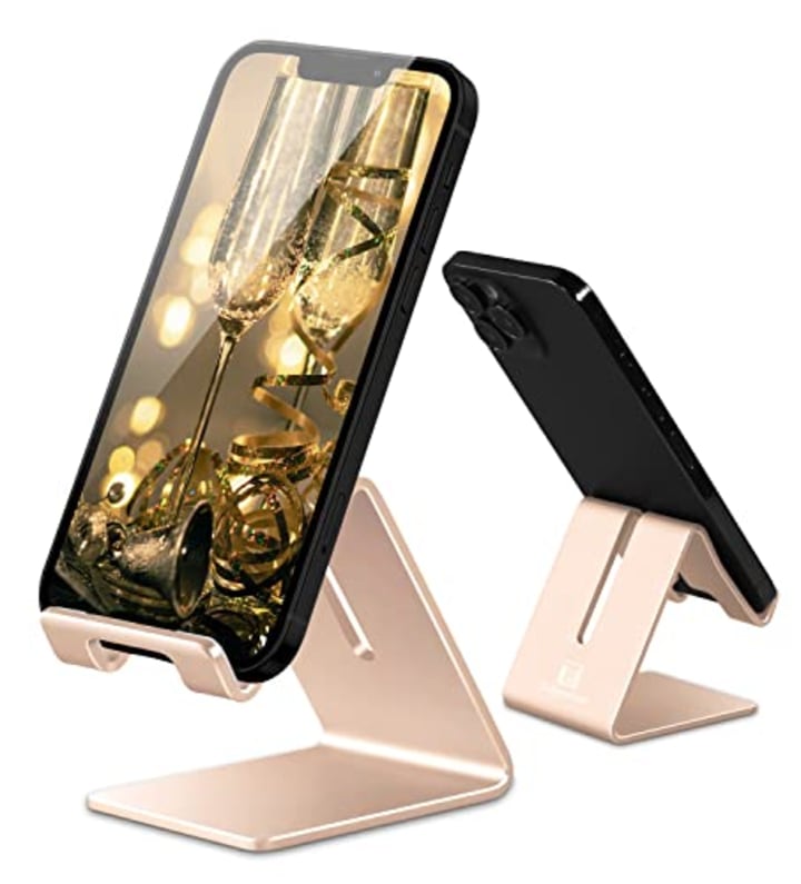 Cell Phone Stand Holder - ToBeoneer Aluminum Desktop Solid Universal Desk Stand for iPhone 13 12 11 X 8 7 6 Plus 5 Ipad Mini Tablet Samsung Huawei All Mobile Smart Phone Office Decor (Gold)