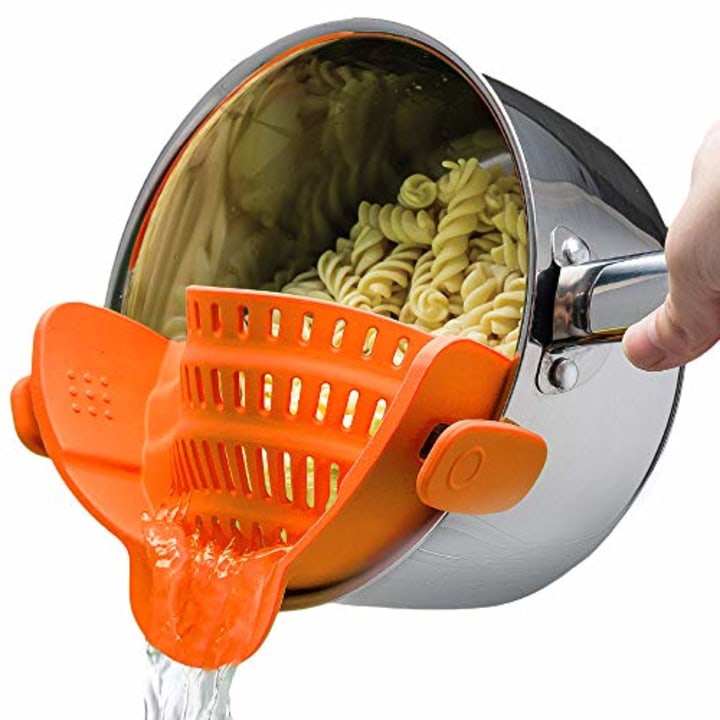 Kitchen Gizmo Snap N Strain Pot Strainer and Pasta Strainer - Adjustable Silicone Clip On Strainer for Pots, Pans, and Bowls - Orange