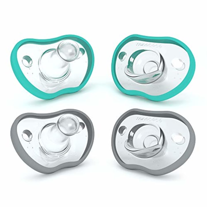 Nanobebe Baby Pacifiers 0-3 Month - Orthodontic, Curves Comfortably with Face Contour, Award Winning for Breastfeeding Babies, 100% Silicone - BPA Free. Baby Registry Gift 4pk,Teal/Grey