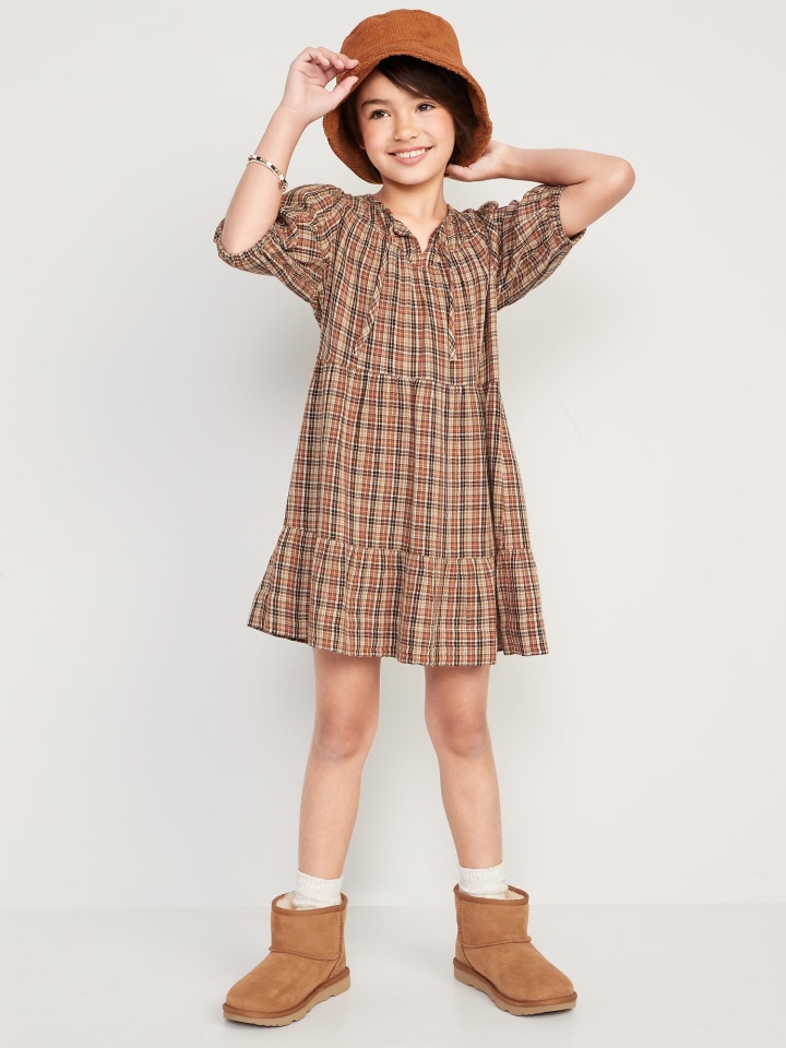 Old Navy Puff-Sleeve Tiered Plaid Tie-Front Dress for Girls