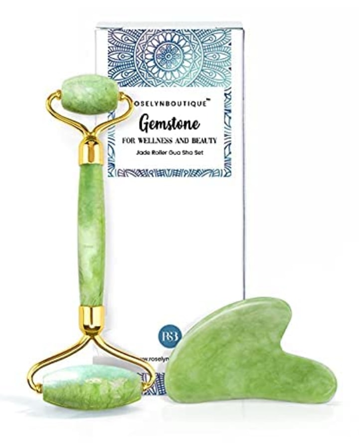 RoselynBoutique Jade Roller for Face and Gua Sha Set - Beauty Cosmetic Facial Skin Roller Massager Tool - Original Handcraft Natural Green Jade