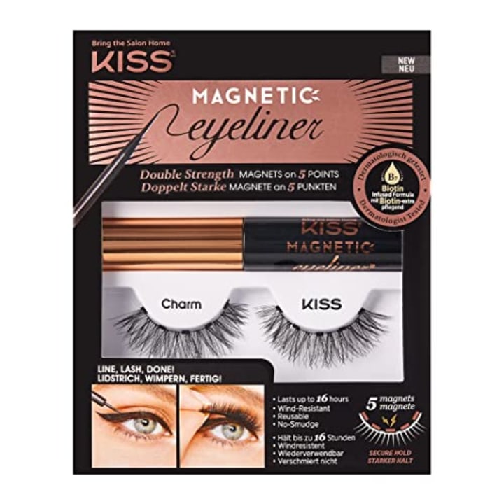KISS Magnetic Eyeliner &amp; Lash Kit, Charm, 1 Pair of Synthetic False Eyelashes With 5 Double Strength Magnets and Smudge Proof, Biotin Infused Black Magnetic Eyeliner with Precision Tip Brush