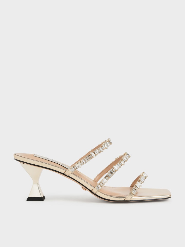 Wedding Collection: Gem-Encrusted Metallic Strappy Sandals - Gold