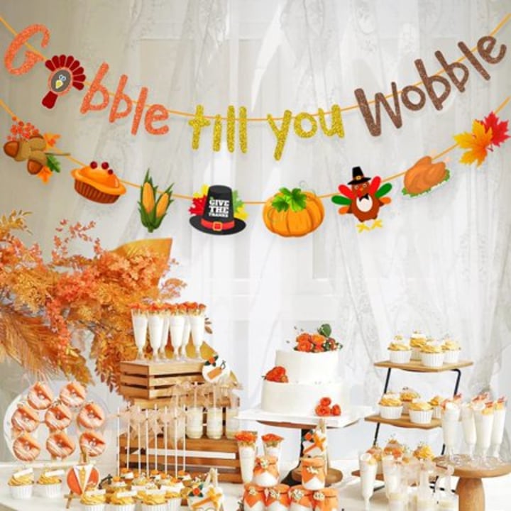 Gobble Till You Wobble Banner - Happy Thanksgiving Banner Gold Glitter Funny Friendsgiving Decorations with Pumpkin Turkey Garland for Happy Turkey Day Party Fall Harvest Decor