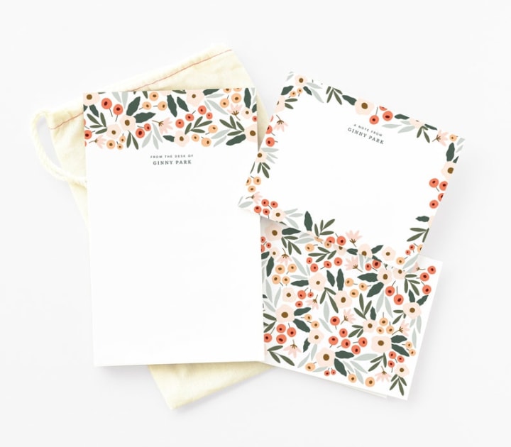 Personalized Stationery Set | Custom Gift Set with Everyday Notecards, Personalized Flat Cards and Notepad : Blush Field Stationery Set