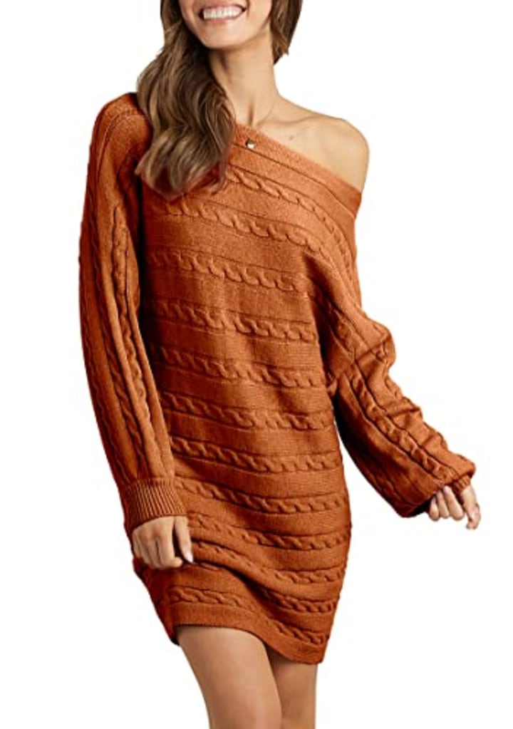 KIRUNDO Women's 2022 Fall Winter Off Shoulder Sweater Dress Cable Knit Long Sleeve Casual Loose Oversized Pullover(Caramel, X-Large)