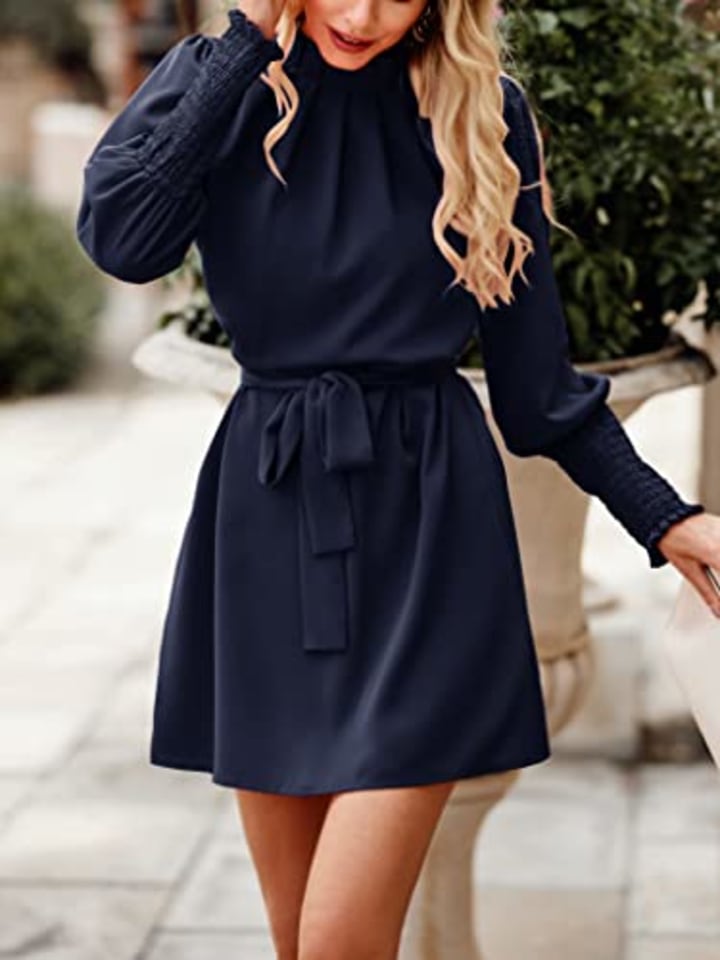 dowerme Women Smocked Long Sleeve Ruffle Crew Neck A Line Belt Dress Casual Solid Fall Winter Cocktail Party Dresses(Solid Navy,Medium)