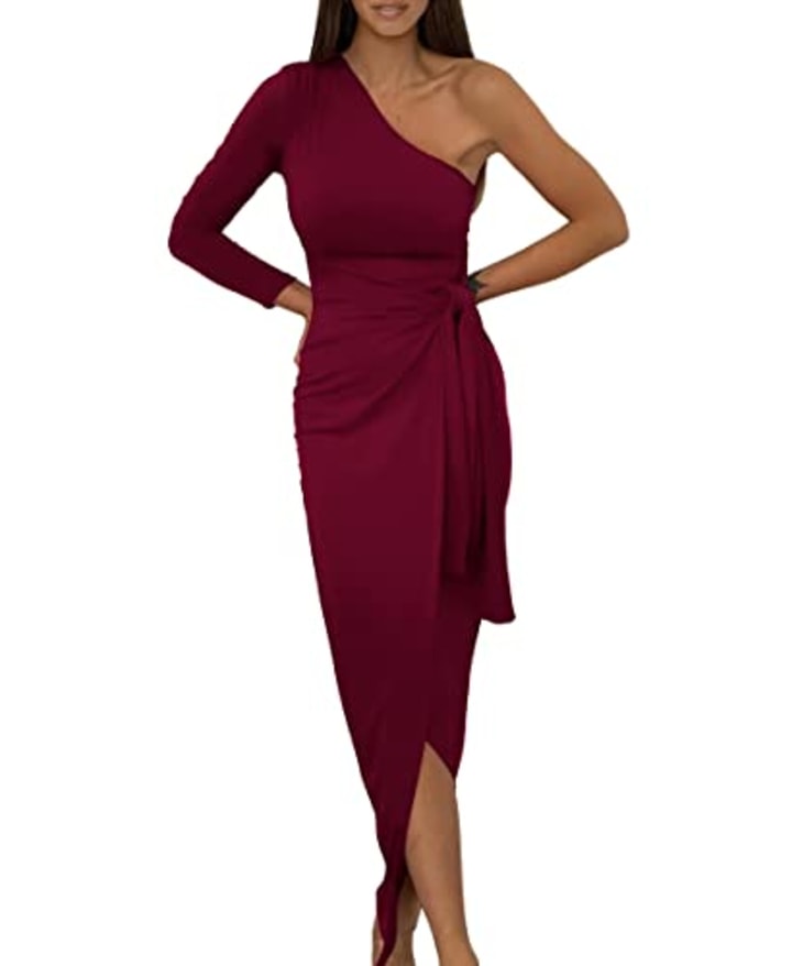 BTFBM Women Elegant Long Sleeve One Shoulder Cocktail Dress Bodycon Ruched Tie Waist Wrap Dress Solid Color Midi Party Dress(Solid Wine Red,Medium)