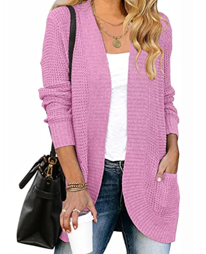 ZESICA Women&#039;s Long Sleeve Open Front Casual Lightweight Soft Knit Cardigan Sweater Outerwear,PinkPurple,Small
