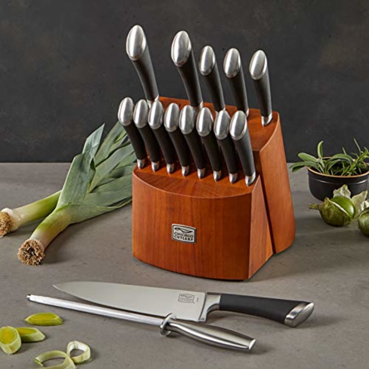 Chicago Cutlery Fusion 17 Piece Kitchen Knife Set with Wooden Storage Block, Cushion-Grip Handles with Stainless Steel Blades that Resists Stains, Rust, and Pitting