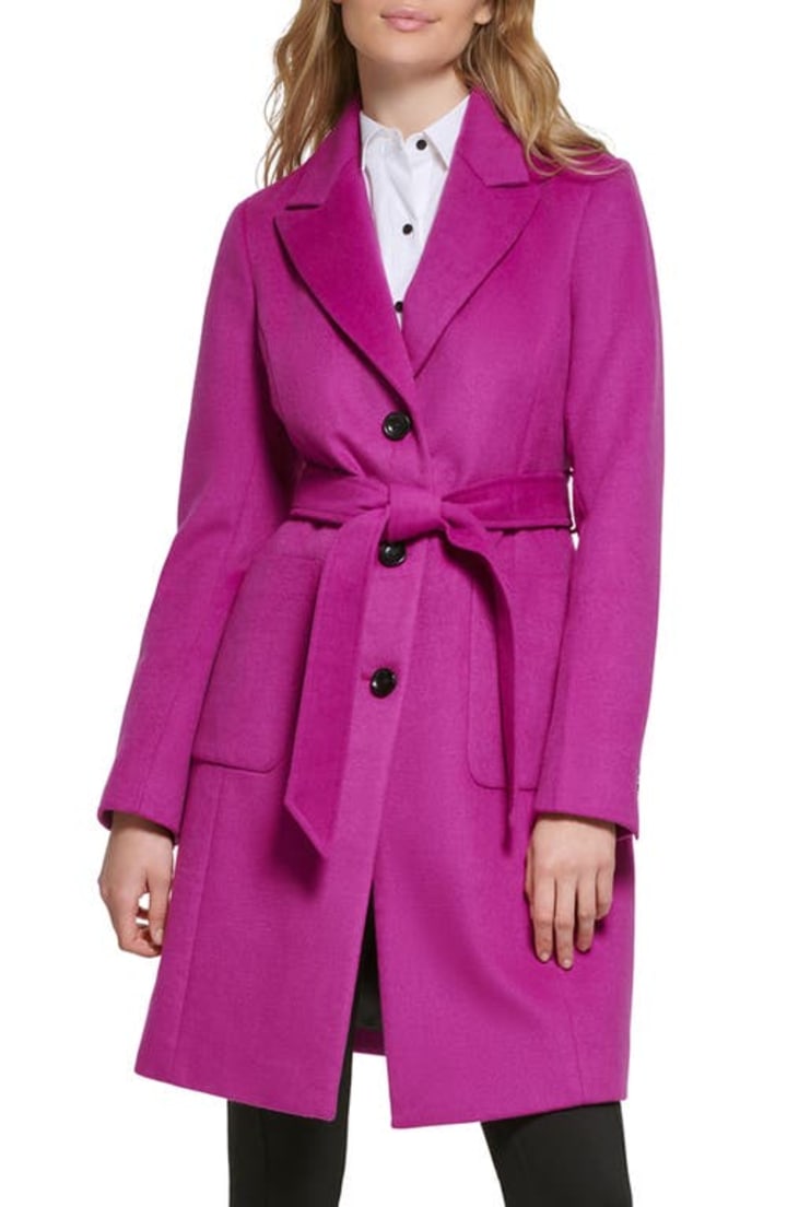 Karl Lagerfeld Paris Belted Wool Blend Patch Pocket Coat in Berry at Nordstrom, Size X-Small