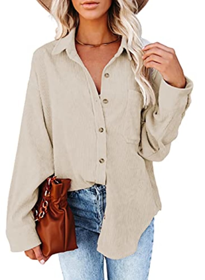 Dokotoo Womens V Neck Roll Up Long Sleeve Pocket Corduroy Shirts Casual Boyfriend Button Down Petite Blouses M Beige