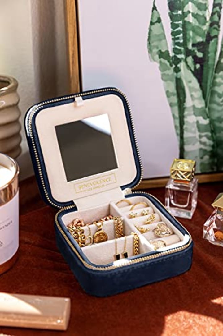 Plush Velvet Travel Jewelry Box Organizer | Travel Jewelry Case, Jewelry Travel Organizer | Small Jewelry Box for Women, Jewelry Travel Case | Earring Organizer with Mirror - Navy Blue