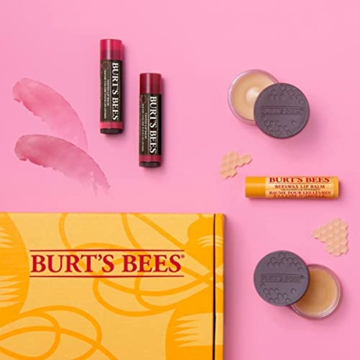 Burt&#039;s Bees Christmas Gifts, 5 Lip Care Stocking Stuffers Products - Original Beeswax Moisturizing Lip Balm, Hibiscus &amp; Red Dahlia Tinted Lip Balm, Lip Scrub &amp; Intensive Lip Treatment