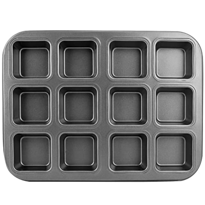 Beasea Brownie Pan with Dividers, 1 Set 12 Square Cavity Mini Cake Non Stick Baking Carbon Steel Bakeware Cupcake Bread Mold Small Bite Edge 3x4 Individual Cup Cutter Sheet Tray for Cookie Oven Cook