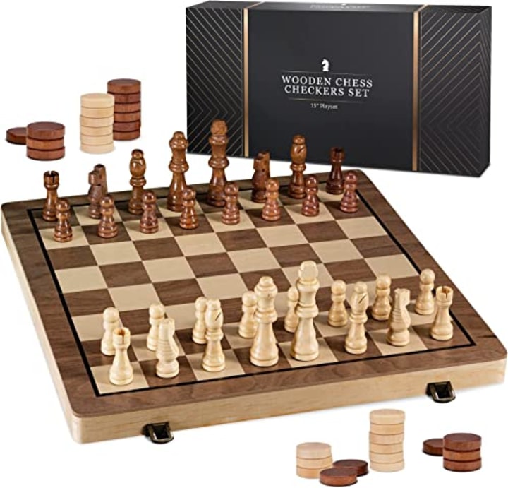 playvibe playbea 15&quot; Wooden Chess Sets - Chess &amp; Checkers Board Game | with 2 Extra Queens | Wooden Chess Set | Chess Board Set | Chess Sets for Adults | Chess Sets for Adults &amp; Kids | Checkers Game for Kids &amp; Adults