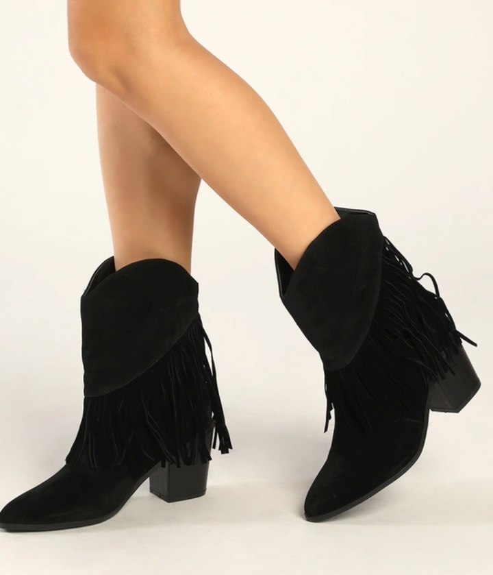 Black Velvet Fringe Pointed-Toe Mid-Calf Boots