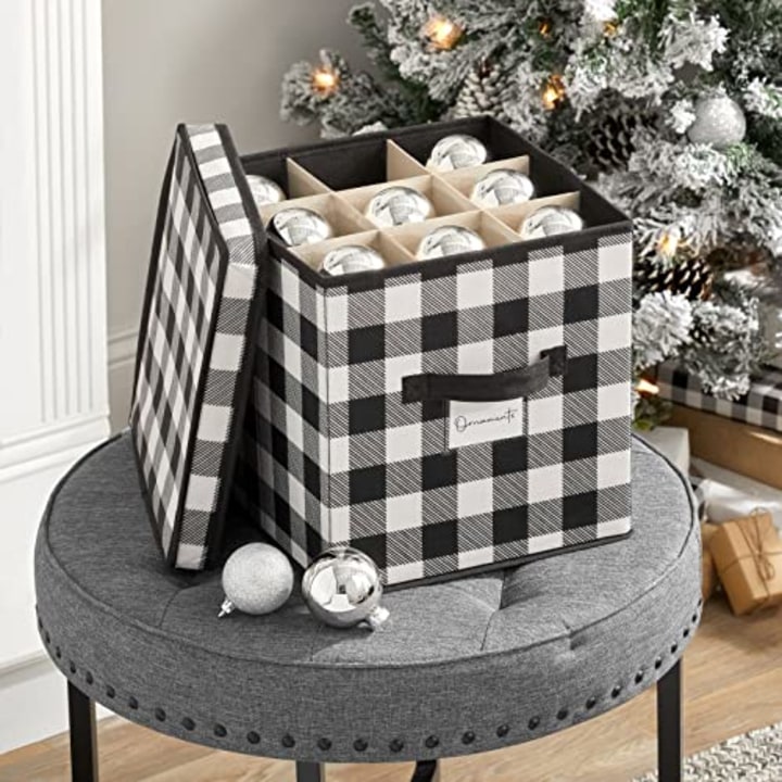mDesign Square Gift-Wrap and Ornament Storage Box with Handles, Holder Container for Christmas or Holiday Decorations - Removable Lid, Closet or Cubby Storage Totes, Buffalo Plaid, 2 Pack, Black/White