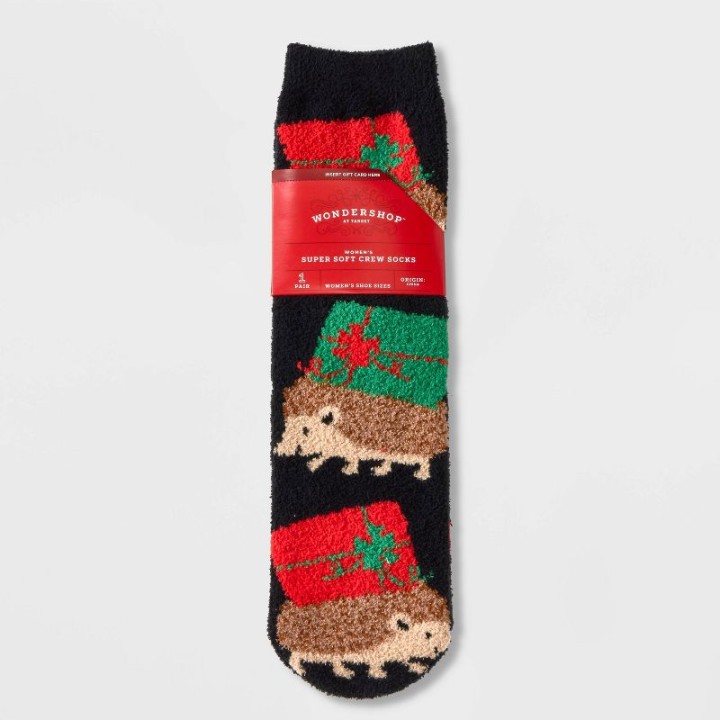 Women&#039;s Holiday Hedgehogs Cozy Crew Socks with Gift Card Holder
