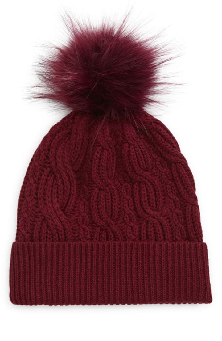 Nordstrom Wool &amp; Recycled Cashmere Faux Fur Pom Beanie in Burgundy at Nordstrom