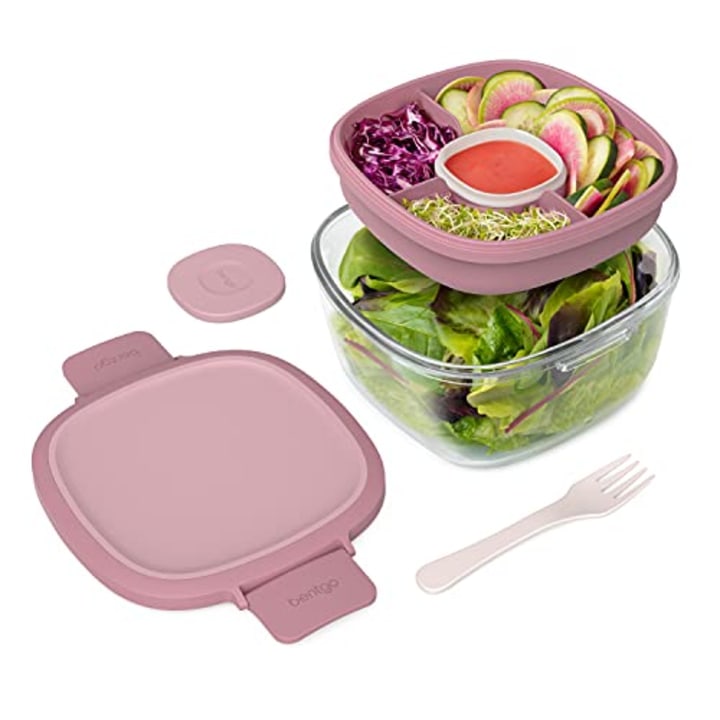 Bentgo(R) Glass - Leak-Proof Salad Container with Large 61-oz Salad Bowl, 4-Compartment Bento-Style Tray for Toppings, 3-oz Sauce Container for Dressings, and Built-In Reusable Fork (Rose)