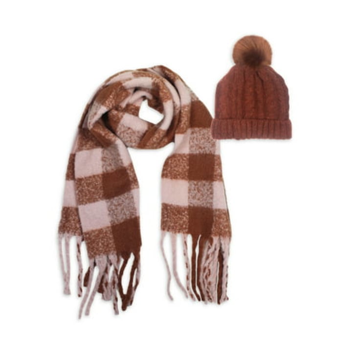 Tahari Women&#039;s Buffalo Plaid Cozy Scarf With Noodle Fringe And Brushed Cable Knit Beanie