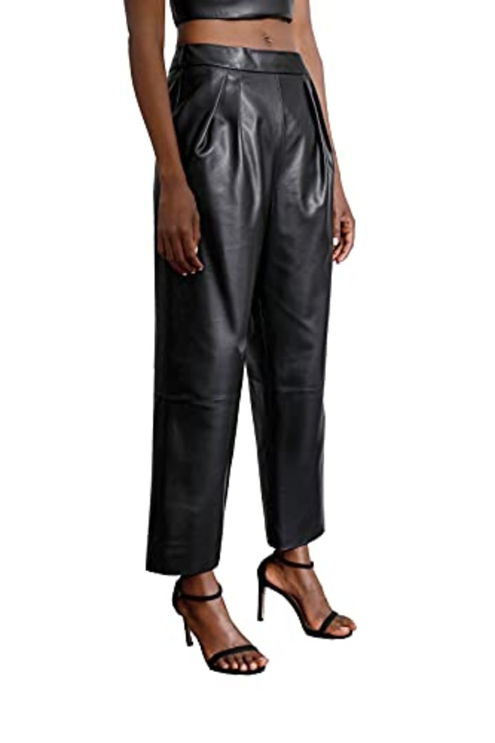 Women&#039;s Genuine Leather Pants High Waist Casual Straight Leg Pants Black SmartUniverseWear
