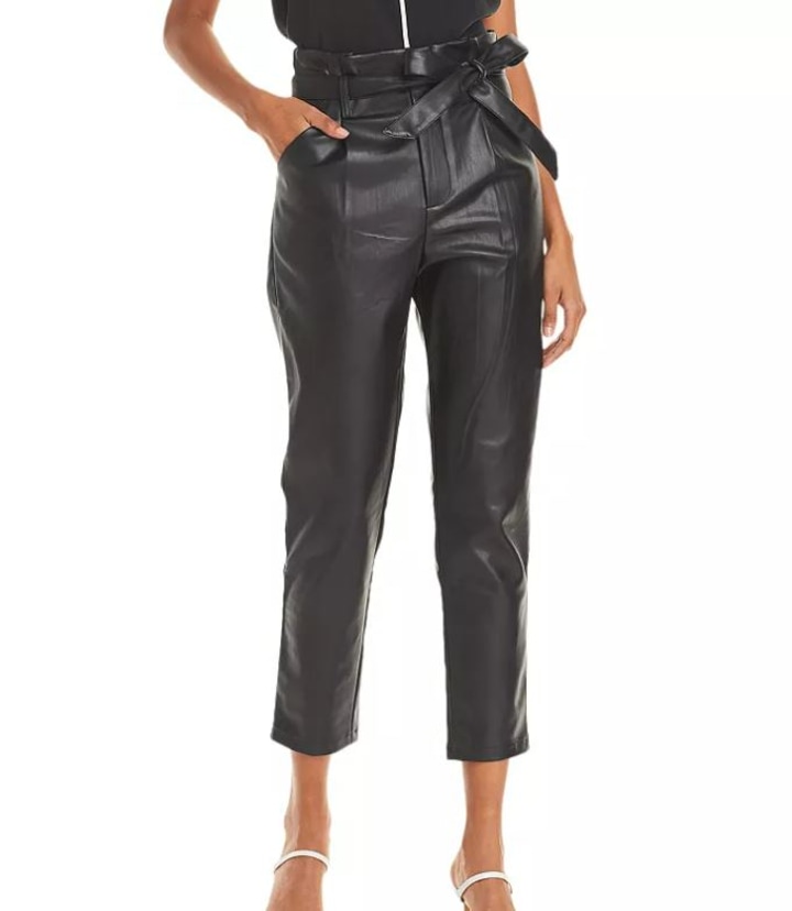 Faux Leather Paperbag-Waist Pants