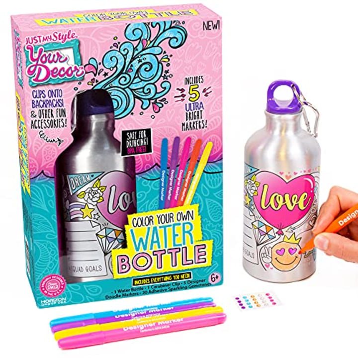 Your D?cor Color Your Own Water Bottle by Horizon Group USA, DIY Bottle Coloring Craft Kit, BPA Free, Personalize &amp; Decorate Using Colorful Markers &amp; Gemstones, Multi Colored