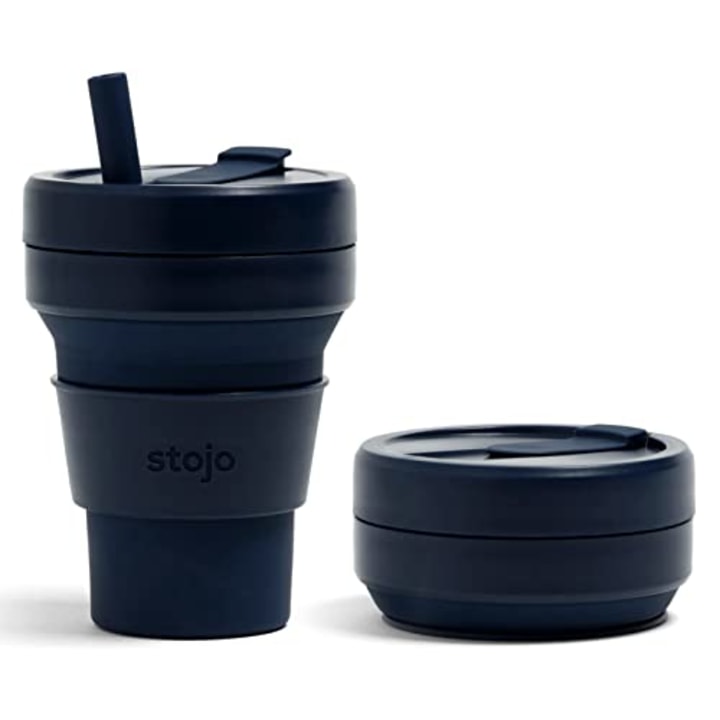 STOJO Collapsible Travel Cup With Straw - Denim Blue, 16oz / 470ml - Reusable To-Go Pocket Size Silicone Bottle for Hot and Cold Drinks - Perfect for Camping and Hiking - Microwave &amp; Dishwasher Safe