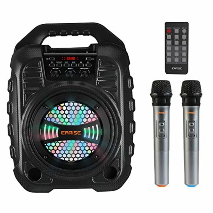 EARISE T26 Pro Karaoke Machine with 2 Wireless Microphones, Portable PA System Bluetooth PA Loudspeaker with LED Lights, Audio Recording, FM Radio, Remote Control, Supports TF Card/USB/AUX