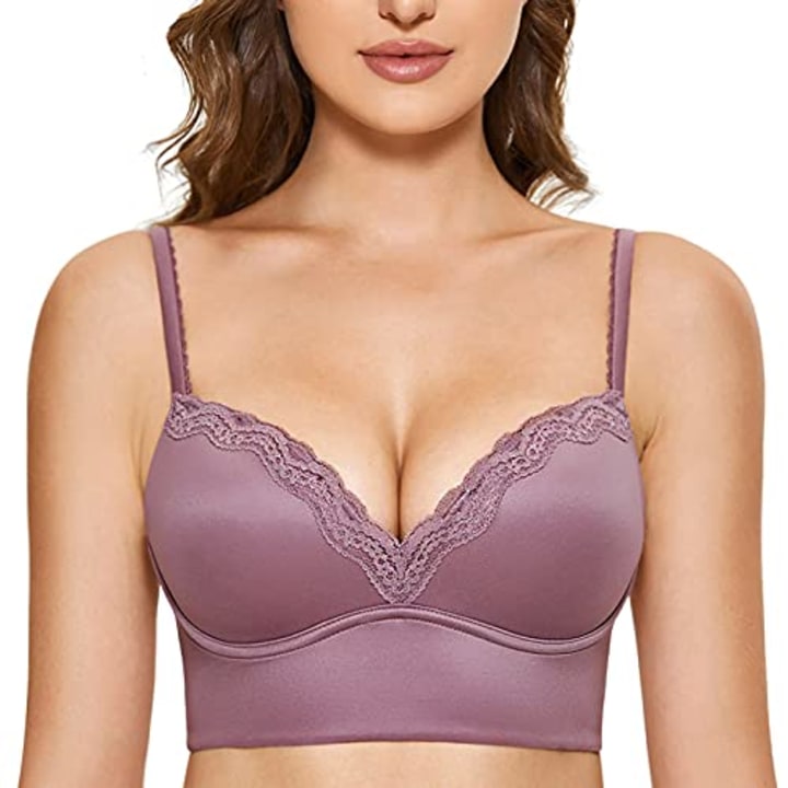 DOBREVA Women&#039;s Push Up Bra Wireless Padded No Underwire Bralettes Lace Plunge Bras Orchid Rose 32A