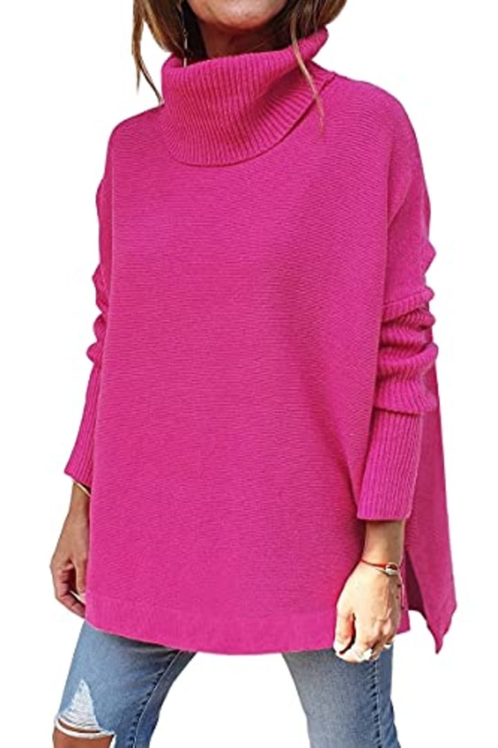 LILLUSORY Hot Pink Turtleneck Oversized Sweaters 2022 Fall Long Batwing Sleeve Spilt Hem Tunic Pullover Sweater Knit Tops
