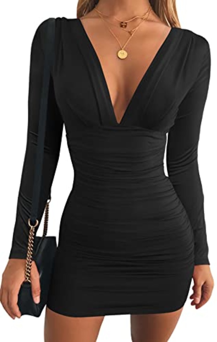 Talk of the Party Black Sparkly Ruched Bodycon Mini Dress