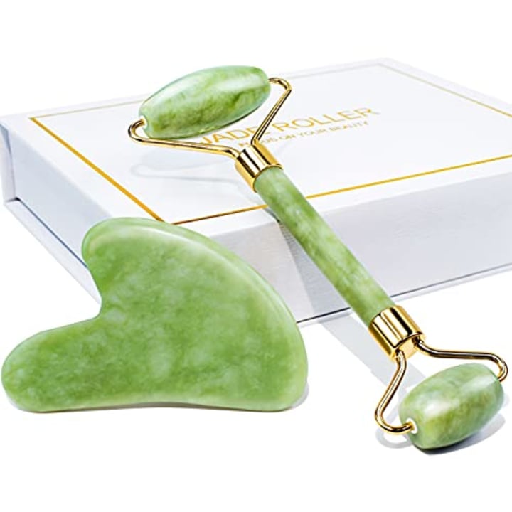 BAIMEI Jade Roller &amp; Gua Sha Set Face Roller and Gua Sha Facial Tools for Skin Care Routine and Puffiness-Green