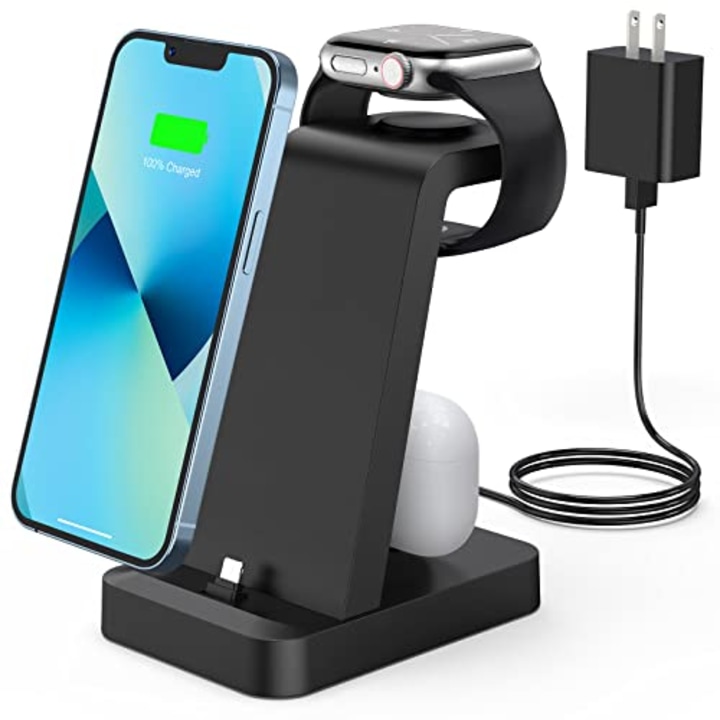Charger Station for iPhone Multiple Devices - 3 in 1 Fast Wireless Charging Dock Stand for Apple Watch Series 7 6 SE 5 4 3 2 &amp; Airpods iPhone 14 13 12 11 Pro X Max XS XR 8 7 Plus 6s 6 with Adapter