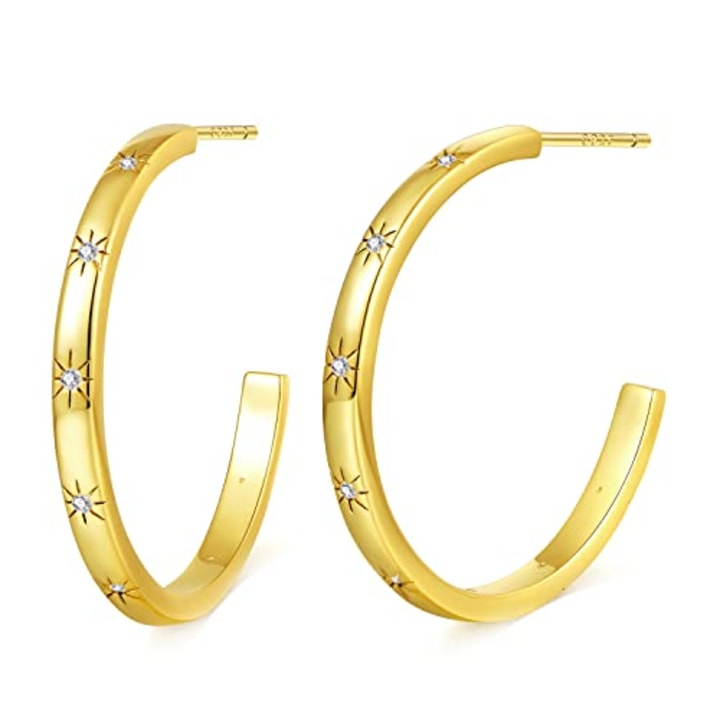 14K Gold Plated Open Hoop Earrings 925 Silver Post Half Hoops Earrings North Star Earrings for Women and Girl