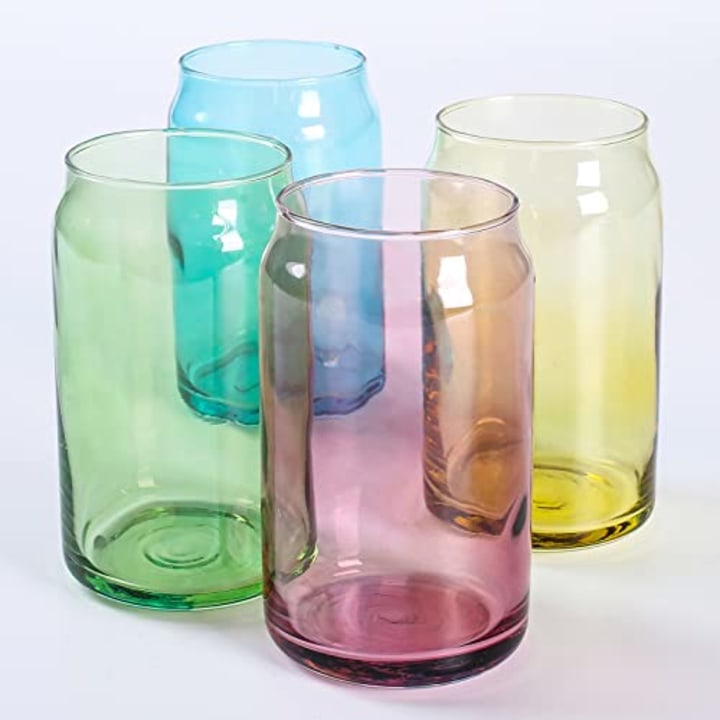Amzcku Colored Drinking Glasses, 16 oz Can Glass, Cute Iced Coffee Cup Tumblers, Soda, Tea, Beer, Water, Cold Drink Glassware, Cocktail Glass, Set of 4