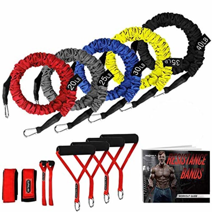 Resistance Bands, 15 Pieces Exercise Elastic Resistance Bands Set, 20lbs to 40lbs Resistance Tubes with Heavy Duty Protective Nylon Sleeves Anti-Snap for Fitness Workout SUPALAK