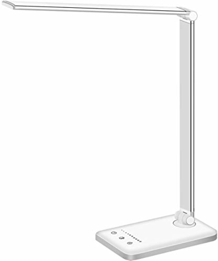 White crown LED Desk Lamp Dimmable Table Lamp Reading Lamp with USB Charging Port 5 Lighting Modes, Sensitive Control, 30/60 min Auto-Off Timer, Eye-Caring Office Lamp (Silver)
