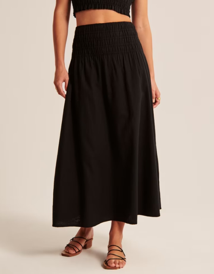 Linen-Blend Ruched Waist Maxi Skirt
