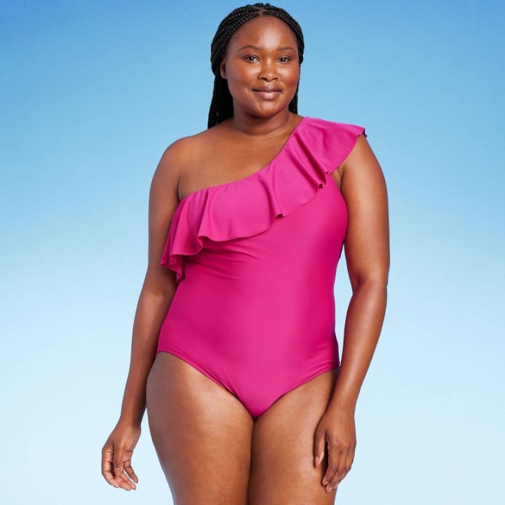 Women&#039;s Ruffle One Shoulder Full Coverage One Piece Swimsuit - Kona Sol(TM) Pink